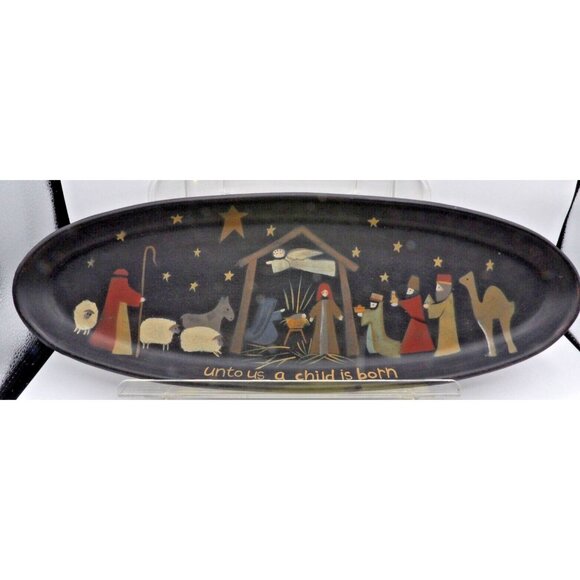 Wooden Bread Board Kitchenware Hand Painted & Signed  Nativity Primitive - Picture 1 of 6